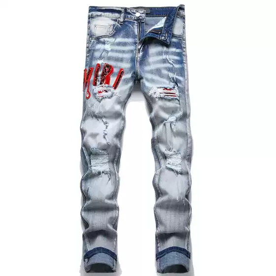 Guangzhou High Version New European and American Style Fashion Blue Ripped Cloth Embroidered Stretch Leg Men's Jeans