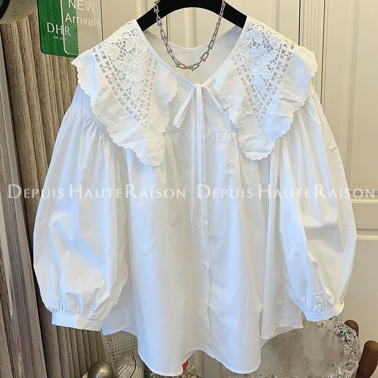 Plus Size 150kg Stunning French-Style Large Lapel Lantern Sleeve Lace Embroidered White Shirt Youthful Doll-Style Blouse for Women Plus Size 150kg Stunning French-Style Large Lapel Lantern Sleeve Lace Embroidered White Shirt Youthful Doll-Style Blouse for Women