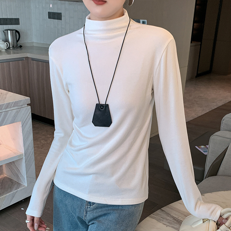 Spring Double-Sided Velvet Acetate Wool Half-Turtleneck Solid Color Base Layer Pullover Warm Top for Women