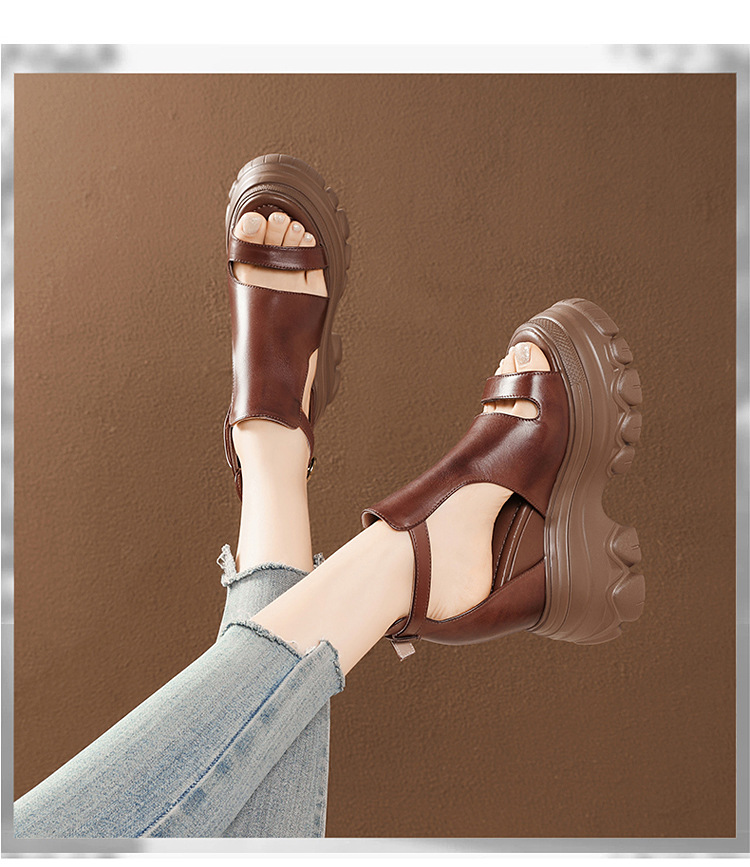 Giày sandal cao gót nữ hở mũi phong cách La Mã, đế xuồng cao 14 cm, da thật, gót vuông, quai mảnh — màu nâu, màu đen chi tiết 10