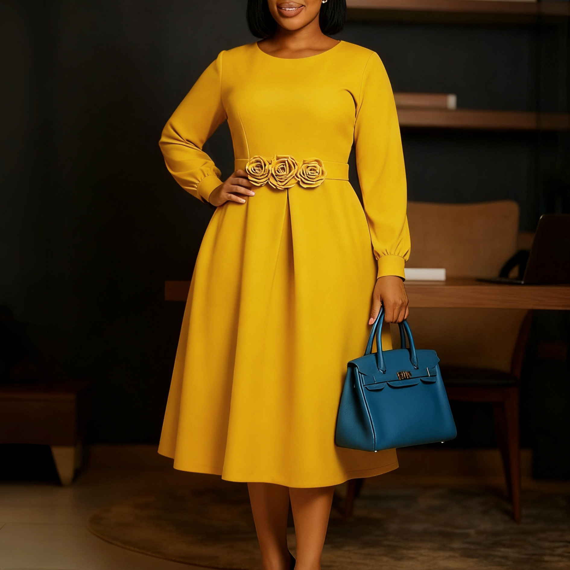 D602外贸女装亚马逊2025秋冬新款圆领长袖立体花朵裙摆非洲连衣裙