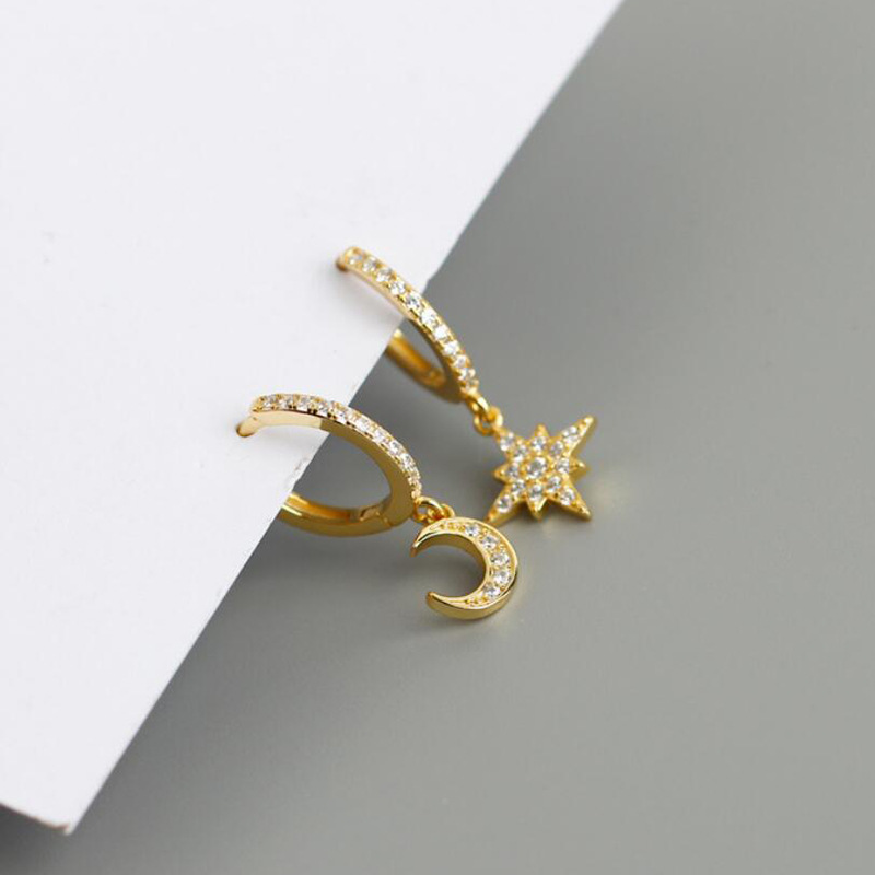 Cross-border Light Luxury Star And Moon Asymmetric Diamond Earrings Korean Temperament Niche Earrings display picture 2