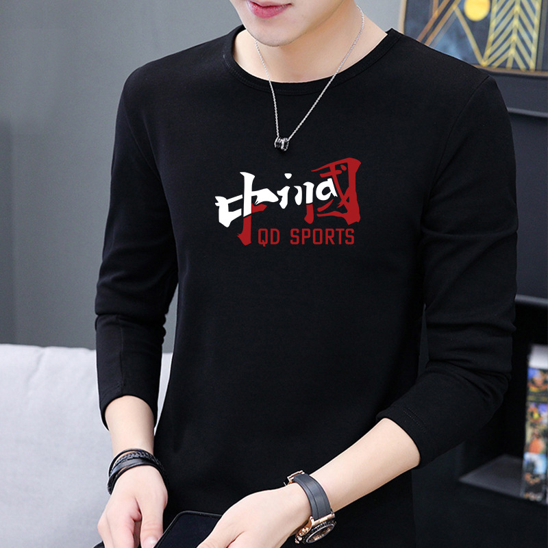 Camiseta de manga larga para hombre otoño nuevo estilo coreano SLIM-Fit de moda impresa delgada cuello redondo camisa de fondo camiseta