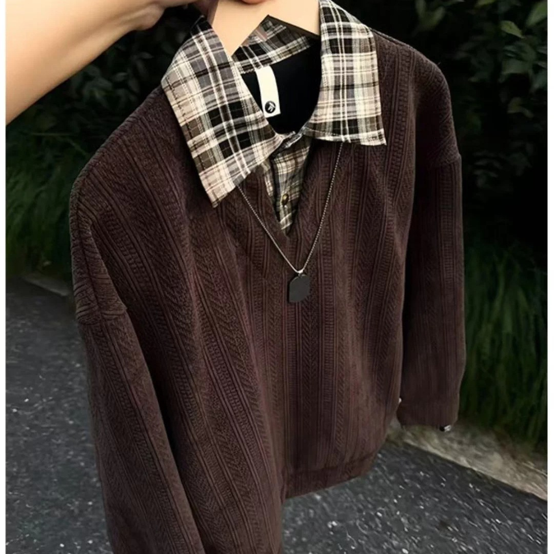 咖色肌理感假两件卫衣男女秋季格子翻领提花长袖上衣休闲风针织衫