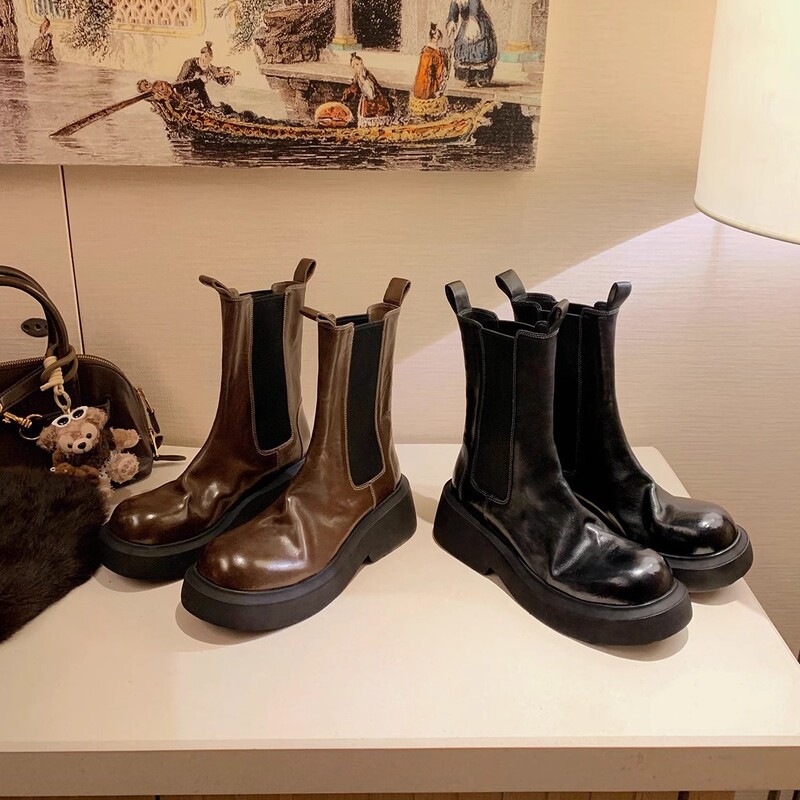 Trendy Influencer Style Heavy 6cm Elastic Band Thick-Soled Chunky Heel Short Martin Boots Round Toe Versatile Slimming Chelsea Boots