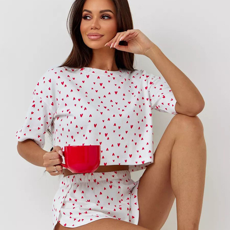 European and American Fashion Love Printed Comfortable 2024 New Loose Short Sleeve Shorts Summer Pajamas Women's Suit Home Clothes