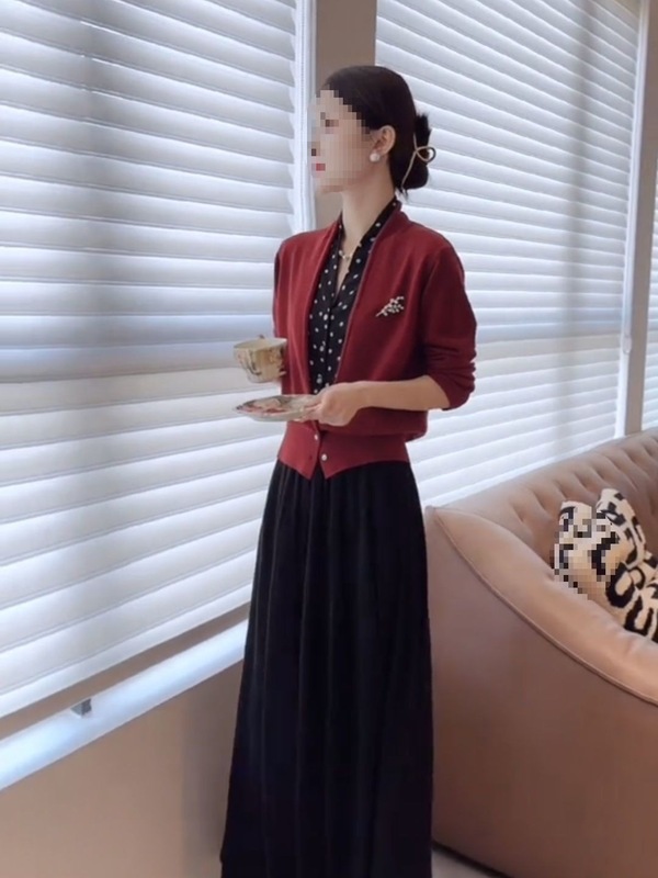 感假两件红波点长袖时尚外穿百搭套装垂感半身裙通勤两件套女百搭|undefined