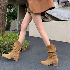 牛皮版~尖头堆堆靴短靴子高跟复古西部骑士靴V口中筒靴内增高6cm