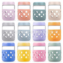 跨境玻璃燕麦杯带隔热硅胶套酸奶杯罐头瓶储物罐密封罐便携牛奶杯