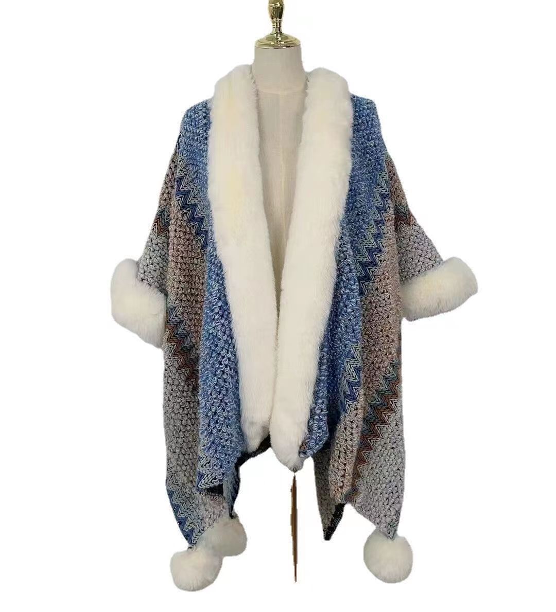 Scialle in stile etnico con collo in pelliccia, scialle a palla appeso, mantello termico_voghion.com