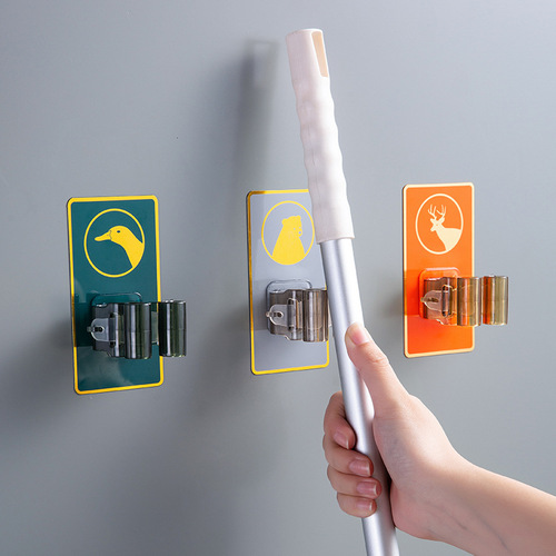 No punching mop hook bathroom paste cartoon style broom storage rack sticky hook strong adhesive mop clip artifact