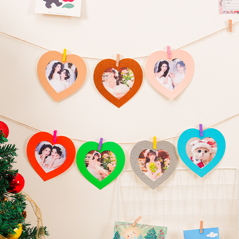 Heart-Shaped Creative Hanging Colorful Cardboard Photo Frame with Hemp Rope Clip DIY Combination Photo Wall Cardboard Set Cross-Border