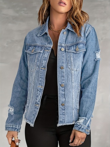 Women's Distressed Denim Jacket Casual Light Blue Ripped Cross-border