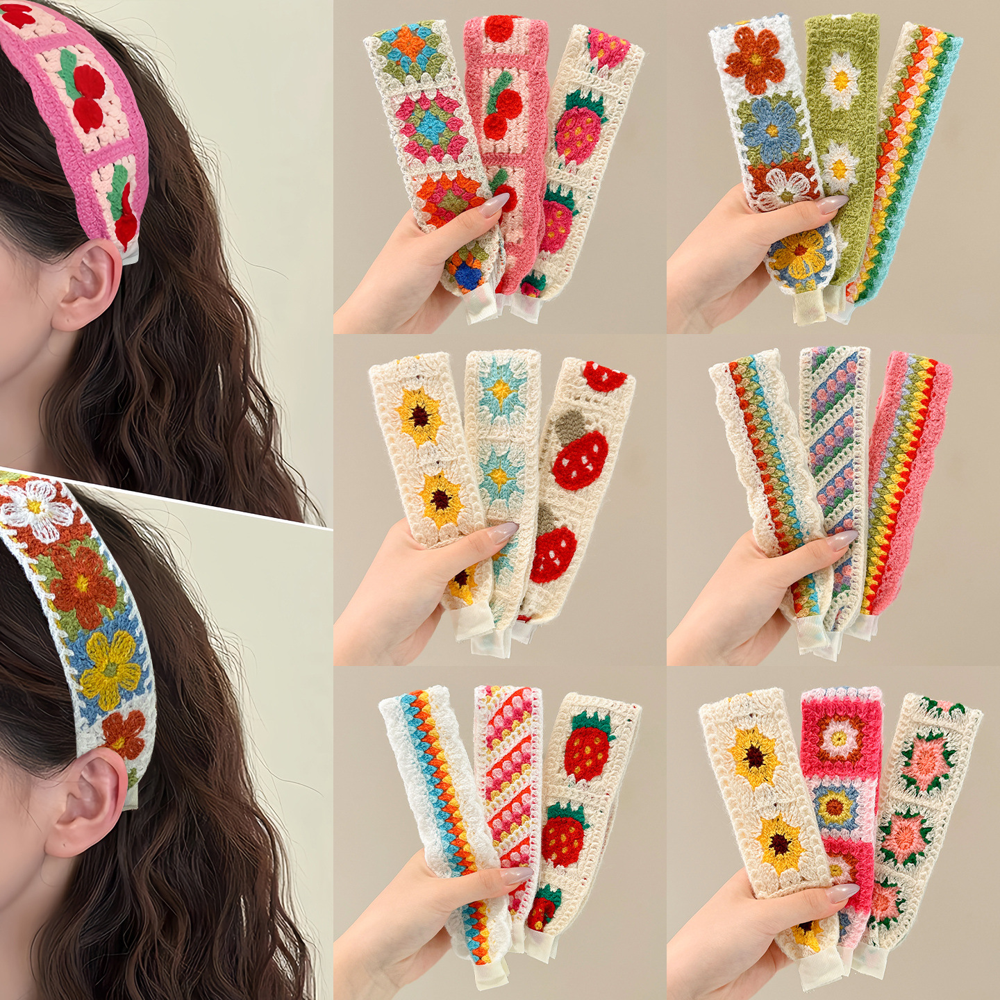 Knitted Floral Magic Tape Hairband for Women, Bangs Sticker, Hair Tidying Tool, Face Washing Headband, Hair Accessory