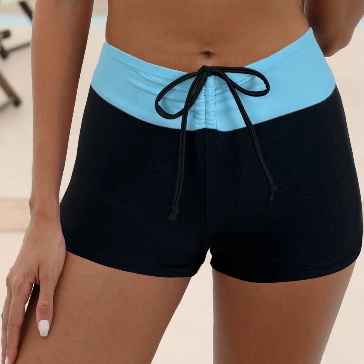 Cross-border New in stock Women's Casual Beach Pants Slim-fit Simple Spliced Color High Waist Flat Angle Drawstring Swimming Trunks