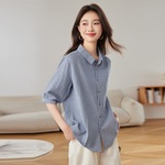 全棉衬衫女中袖2025夏季休闲别致小衫薄条纹职业女性衬衣外穿