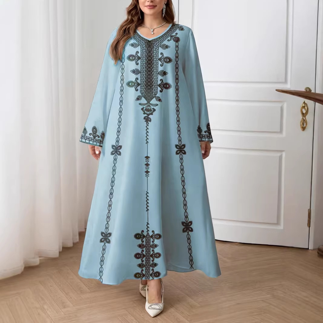 Middle Eastern Cross-border Muslim Women's V-neck Printed Loose Elegant Robe Ethnic Style Long-sleeved Dress Custom-made_ecoleips.com