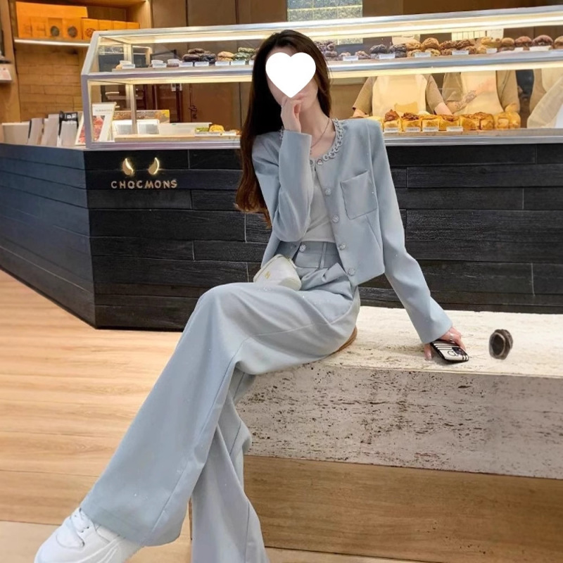 早秋穿搭一整套女装职业小香风减龄气质网红炸街阔腿裤两件套显瘦|undefined