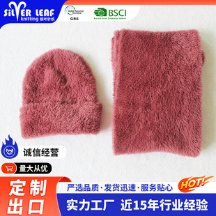 [Faux mink hat] new winter warm scarf thickened hat gloves knitted three pieces anti-Pilling
