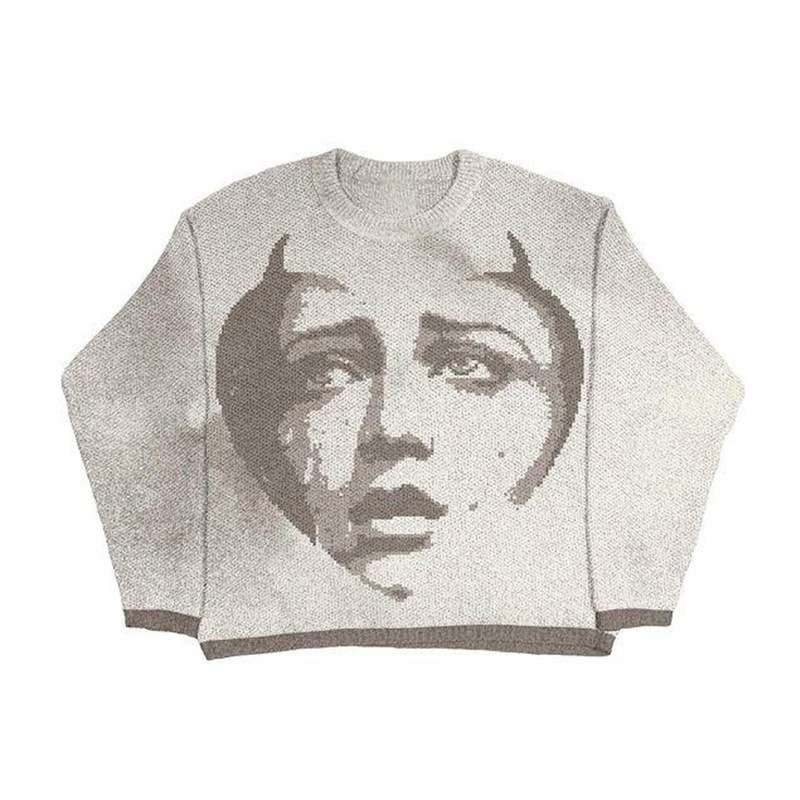 Men's Clothing trend jacquard round neck loose knit sweater couple dark series pullover sweater _voghion.com