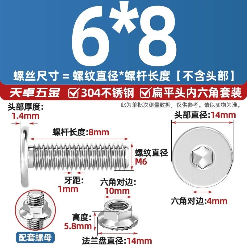 304不锈钢CM大平头超薄头C头扁平头内六角螺丝钉法兰边螺母套装M5|undefined