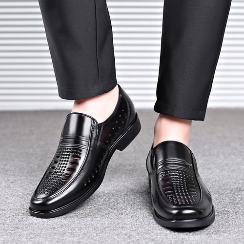 Leather Sandals Men's Genuine Leather Summer Men's Business Formal Wear Hollow Brown Anti-odor Cowhide Hollow Middle-aged and Elderly Dad Shoes