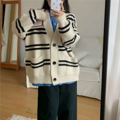 韩版秋冬新款女装口袋针织开衫女上衣宽松慵懒风条纹毛衣外套女潮