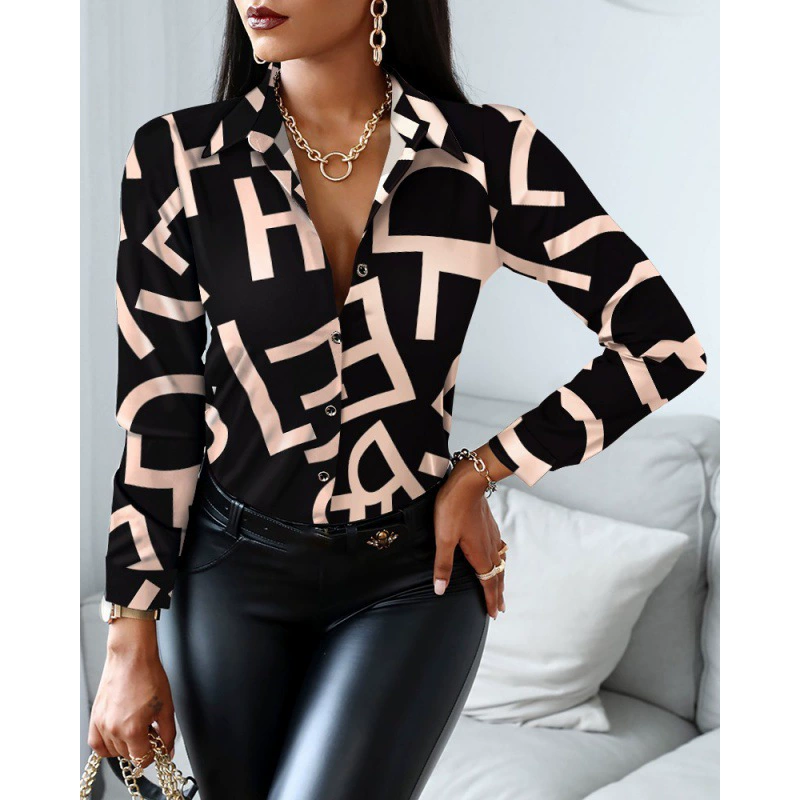 Трансграничный источник 2023 Amazon независимая станция осень EBAY Европа и США новая рубашка с длинным рукавом с принтом Топ Женская одежда