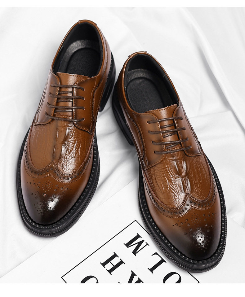 Giày da nam công sở da bò vân cá sấu mũi nhọn kiểu Brogue tăng chiều cao — Nâu công sở, Đen thời trang chi tiết 18