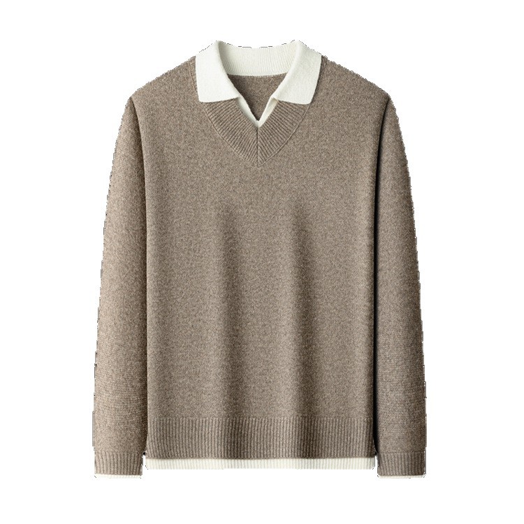 T-shirt convencional juvenil de moda V-collar falso dos piezas de camisa de punto de punto suéter de invierno masculino camisa de punto de color sólido