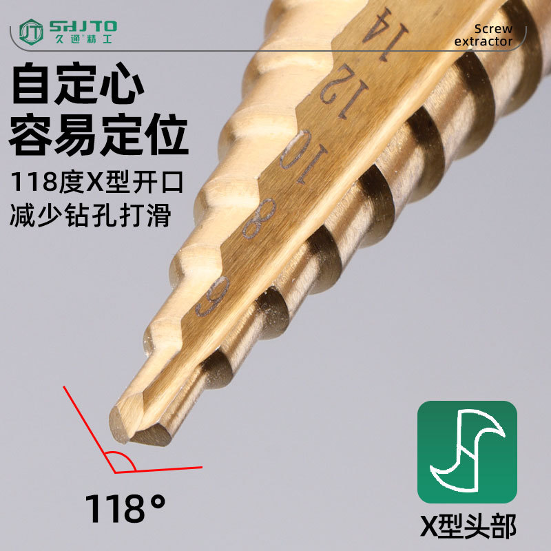 Los fabricantes venden al por mayor acero inoxidable metal abocinador especial escalera cónica ranura recta mango hexagonal taladro de pagoda