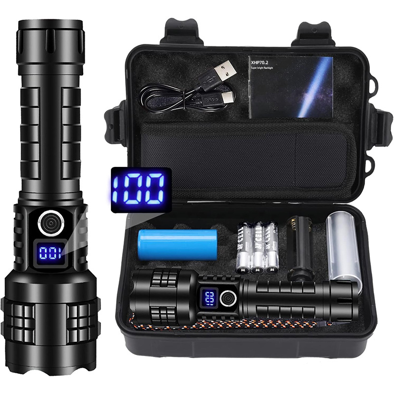 Linterna LED ultrabrillante para uso en exteriores, de largo alcance, con carga tipo C, zoom telescópico, linterna de emergencia para el hogar.