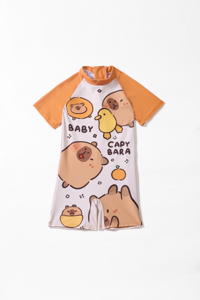 Caricatura encantadora capibara trajes de baño para niños, trajes de baño de mangas cortas para niños, trajes de baño conservadores para niños