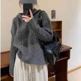 秋冬麻花羊毛衫女绒宽松复古连帽毛衣软糯针织打底衫卫衣百搭厚