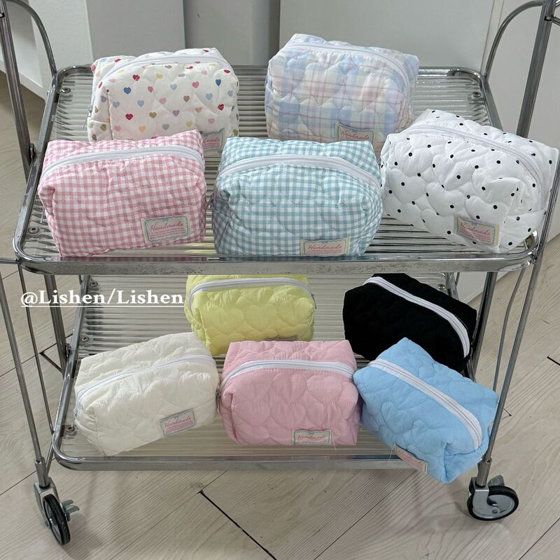 Korean New Cosmetic Bag, Large Capacity Quilted Cotton Love Storage Bag, Cute Portable Toiletry Bag, Shopping Clutch Bag