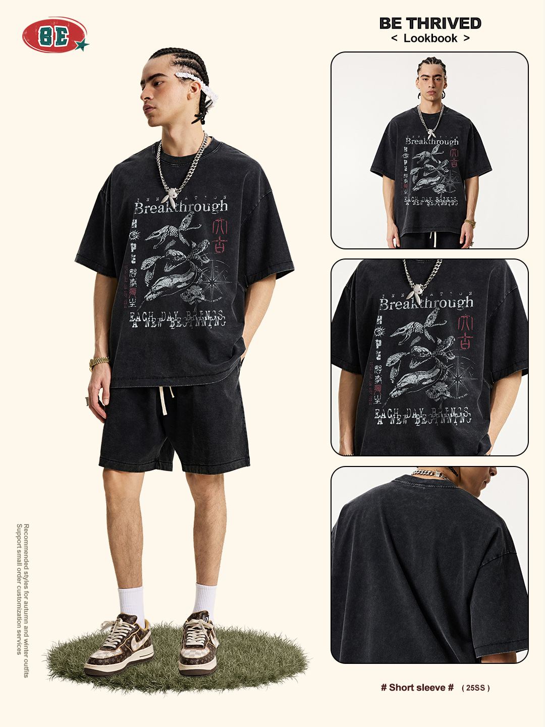 Ropa para Hombre BE | Camiseta de Verano 2025 con Estampado Envolvente del Año de la Serpiente, Estilo Oscuro, Lavada, de Manga Corta, para Hombre, Moderna, Retro, Lavada, de Marca Moderna