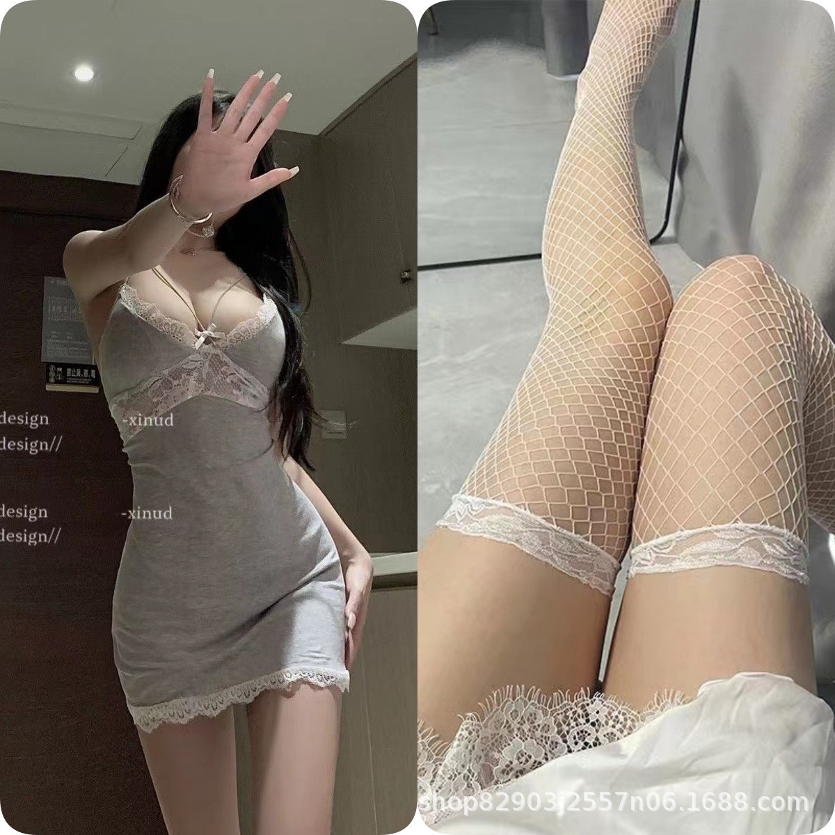 회색 잠옷 + 흰색 망사 스타킹 q1311