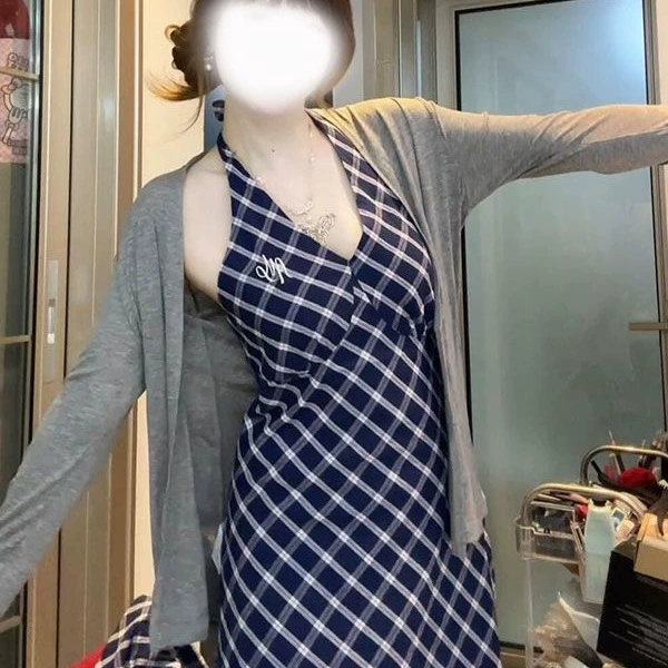 Комплект платья-халтер в клетку больших размеров для женщин, весенне-летний ленивый стиль, легкий солнцезащитный кардиган, платье с эластичной резинкой на талии.