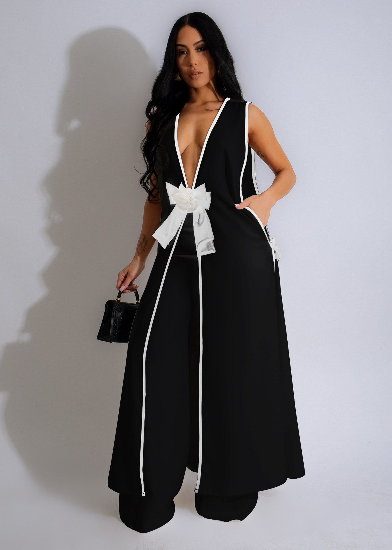 Women's Clothing Hot sale fashion ladies suit sexy camellia bow sleeveless long vest dress wide leg pants suit_voghion.com