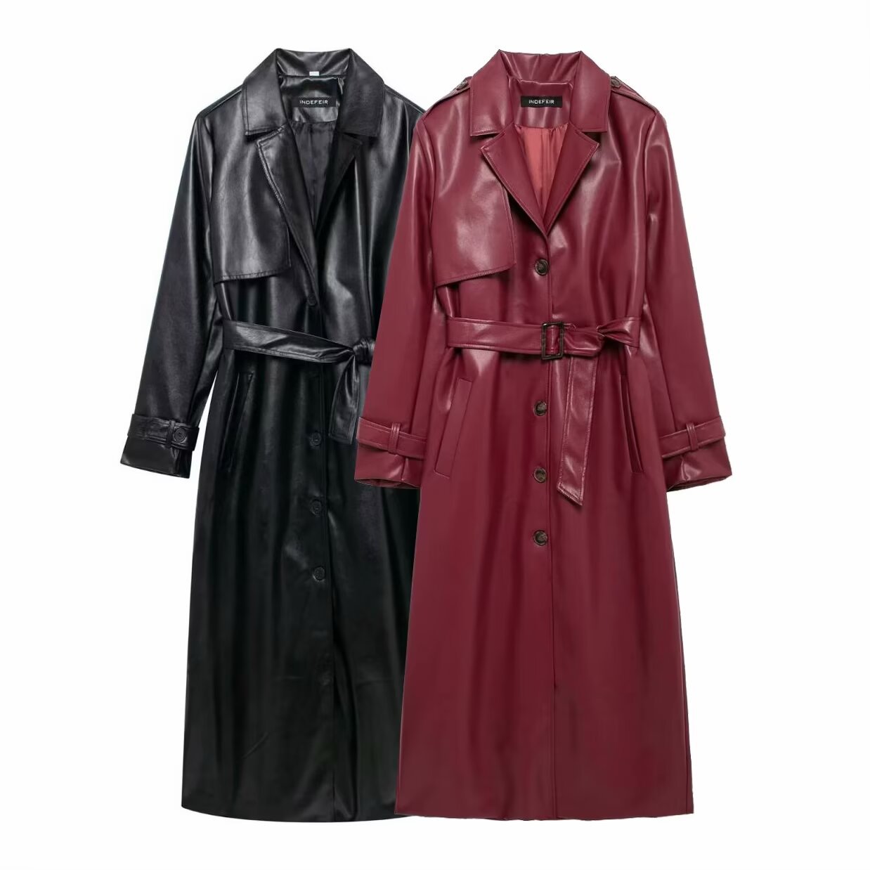Vintage PU Leather Coat Coat Women's 2024 Autumn and Winter New High-end Elegant Lapel Waist Long Over-the-knee Coat