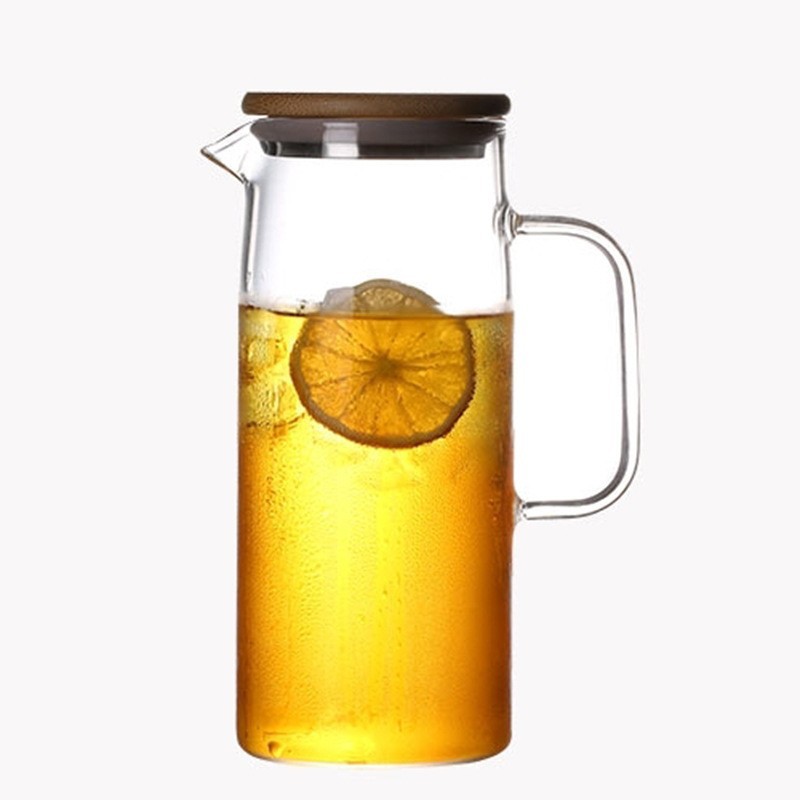 Para la hospitalidad en el hogar, hervidor de agua frío con tapa de bambú, tetera recta con alto contenido de borosilicato, tetera para bebidas frías con jugo, tetera resistente a altas temperaturas