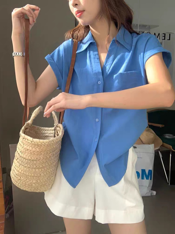 Korean Blue High-End Small Flying Sleeve Polo Collar Short-Sleeved Shirt for Women Summer Loose and Unique Cotton and Linen Lapel Top Korean Blue High-End Small Flying Sleeve Polo Collar Short-Sleeved Shirt for Women Summer Loose and Unique Cotton and Linen Lapel Top