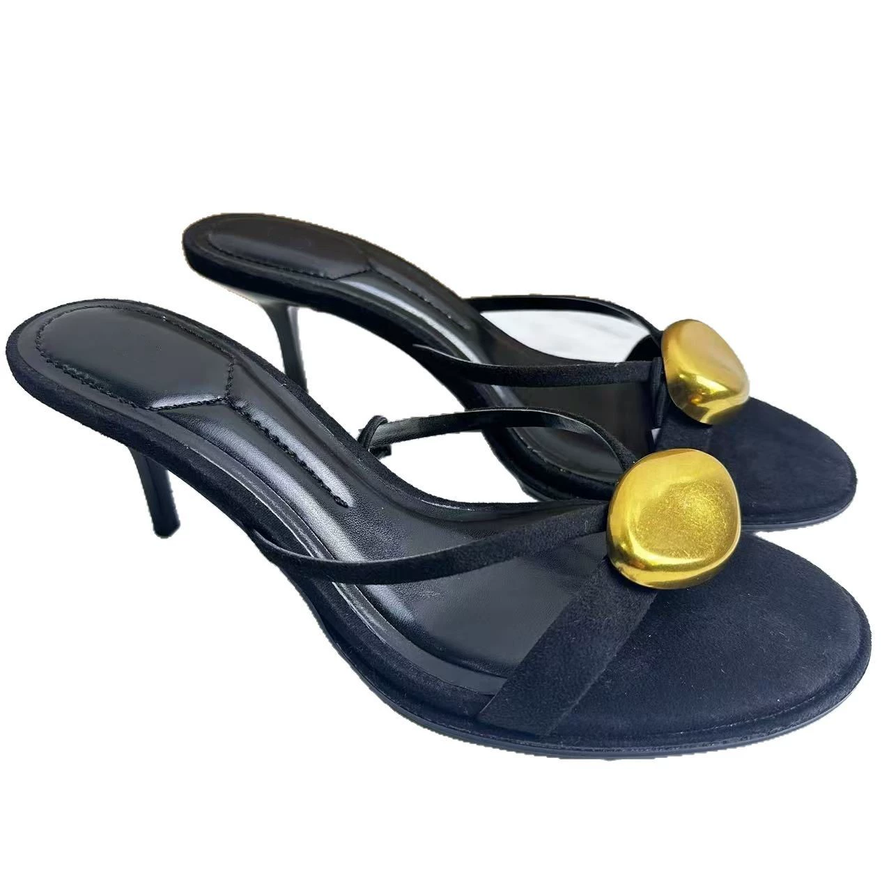 ZA2025 new women's shoes, black metal detail buckle decoration round toe stiletto heel fashion one-strip sandals for women