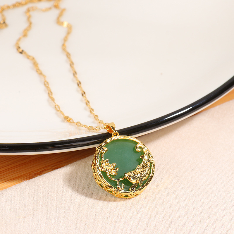 Women's Gender Wholesale Jewelry Chinoiserie Classic Style Round Koi Titanium Steel Stone Polishing Inlay Pendant Necklace