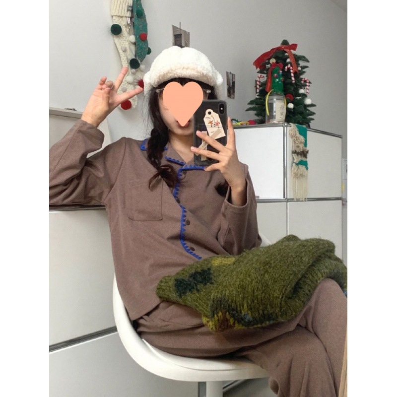 한국식 INS 간단한 명암 벨벳 따뜻한 잠옷 여성의 가을과 겨울 기모 두꺼운 달콤한 단색 홈 의류 세트