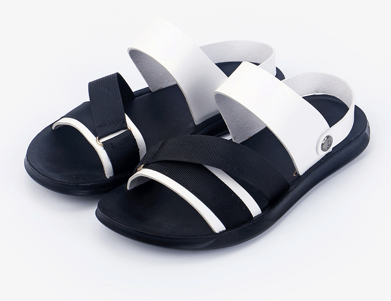 Dép sandal nam quai ngang hở ngón da PU chống trơn trượt, đế mềm thoáng khí đi biển mùa hè — Đen toàn bộ, Đen trắng chi tiết 16