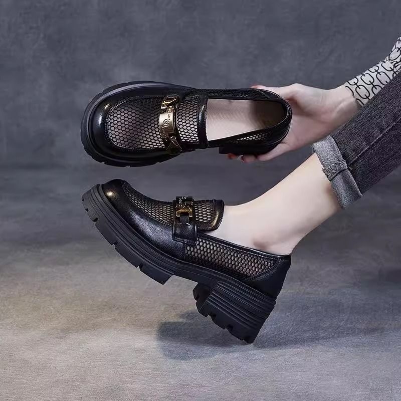 Zapatos Lofu de suela gruesa de malla para mujer 2025 nuevos zapatos de mujer de un solo pedal estilo de verano zapatos de cuero de estilo británico zapatos individuales huecos
