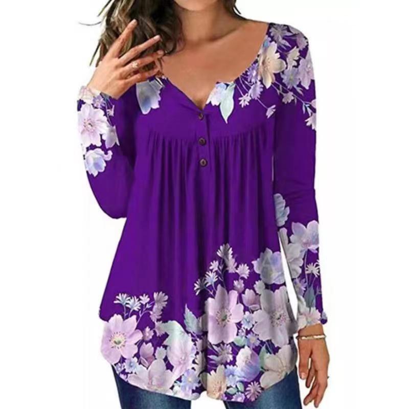 Women's autumn new slim round neck button pattern T-shirt_voghion.com