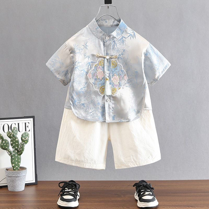 男の子の赤ちゃんハンサムな中国風の刺繍スーツ新しい中国風半袖夏唐スーツ新しいスタイルの子供のファッション子供服|undefined