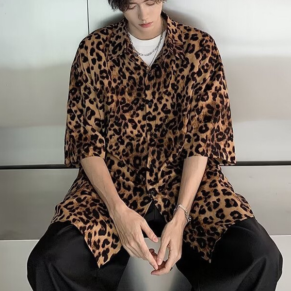 Summer Thin Leopard Print Ice Silk Shirt Men's Trendy Brand Handsome Street Half-sleeved Inch Shirt Trendyy Casual Short-sleeved Shirt